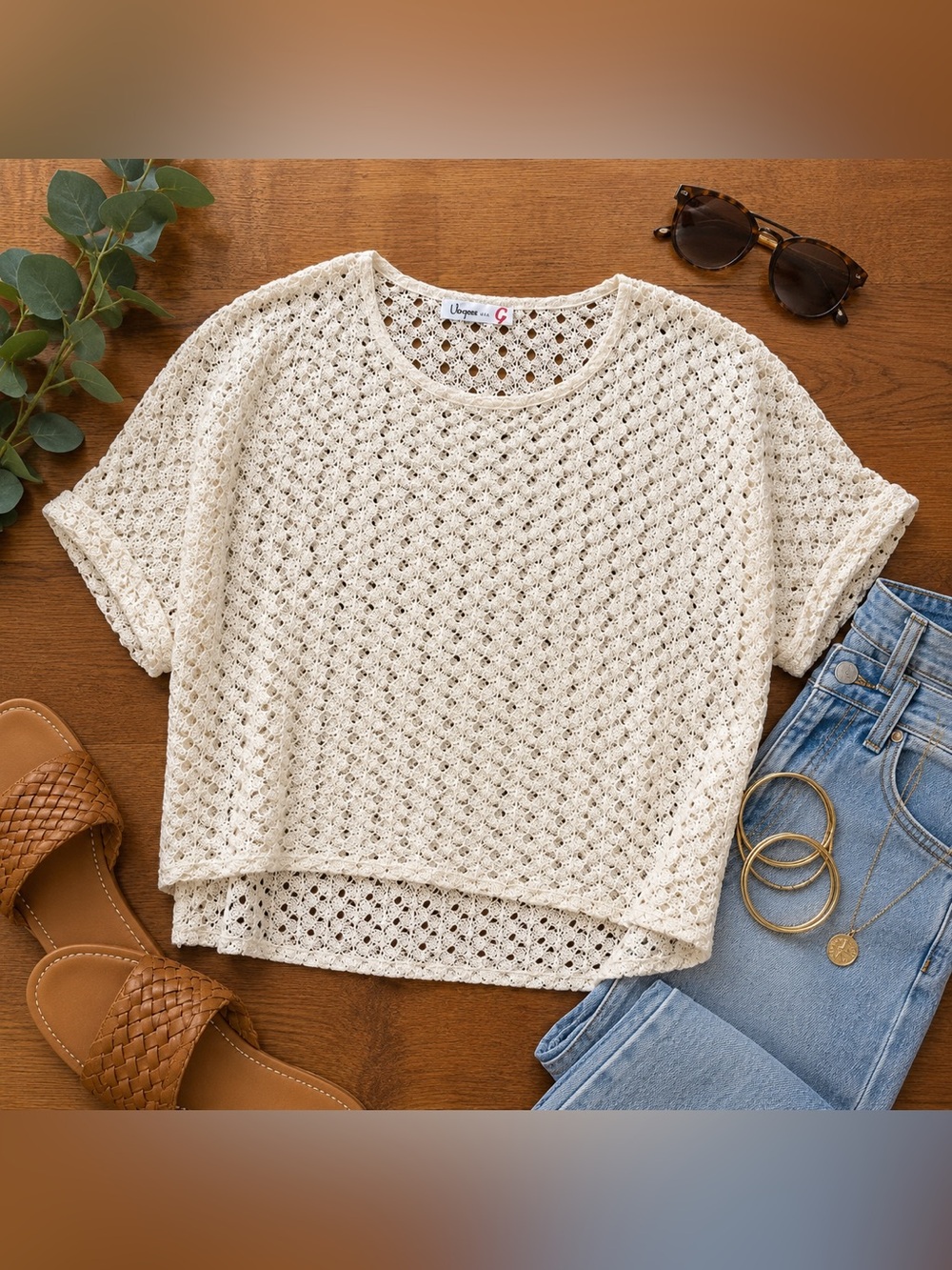 Umgee USA Cream Crochet Open Knit Boho Top One Size